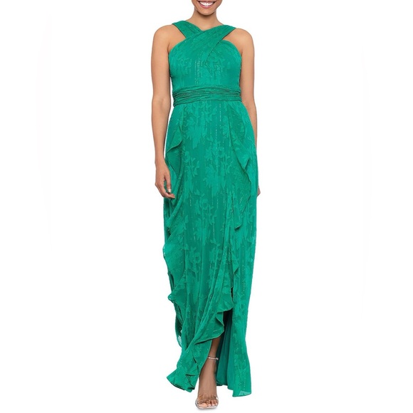 Aqua Formal Floral Burnout Chiffon Long Evening Gown Ruffle Skirt Green 0 NWT - Picture 1 of 10